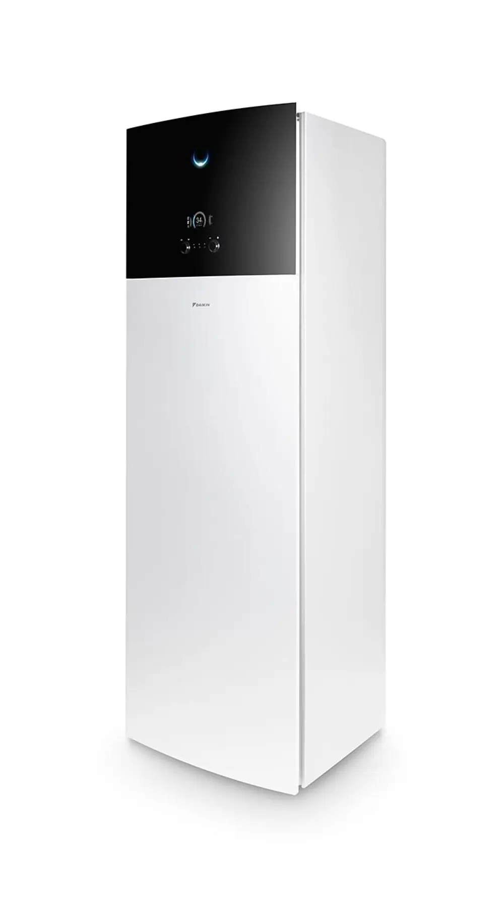 Vertikaler Kühlschrank in Weiß mit schwarzer Bedienflächenoberfläche und Display. Marke Daikin ist unten auf dem Kühlschrank sichtbar.
